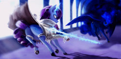 Size: 2500x1229 | Tagged: safe, artist:atvve, princess luna, rarity, alicorn, pony, unicorn, light, magic, plot, sword, weapon