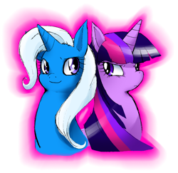 Size: 900x875 | Tagged: safe, artist:evilmel, derpibooru import, trixie, twilight sparkle, unicorn, duo, duo female, female, mare