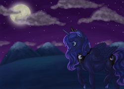 Size: 3456x2470 | Tagged: safe, artist:essely, princess luna, alicorn, pony, moon, night, solo