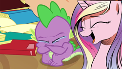 Size: 890x508 | Tagged: safe, idw, princess cadance, spike, alicorn, dragon, pony, dragon quest, cadance laughs at your misery, crying, exploitable meme, meme, now you fucked up, spikeabuse