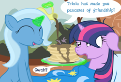 Size: 3000x2043 | Tagged: safe, artist:dazed-and-wandering, derpibooru import, trixie, twilight sparkle, changeling, filly, high res, hilarious in hindsight, pancakes