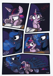 Size: 636x900 | Tagged: safe, artist:mistydash, princess luna, twilight sparkle, alicorn, pony, comic, go to sleep, hug, reading, sleeping, winghug