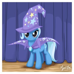 Size: 1052x1052 | Tagged: safe, artist:mysticalpha, derpibooru import, trixie, pony, unicorn, curtain, female, mare, solo, stage