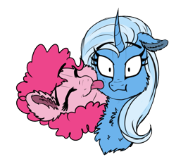 Size: 1103x997 | Tagged: safe, artist:saphi-boo, derpibooru import, edit, pinkie pie, trixie, earth pony, pony, unicorn, bust, cheek fluff, chest fluff, cropped, curved horn, ear fluff, eyes closed, female, floppy ears, fluffy, lesbian, licking, mare, portrait, scrunchy face, shipping, simple background, smiling, tongue out, transparent background, trixiepie, wide eyes