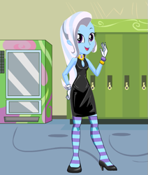 Size: 465x549 | Tagged: safe, artist:kimpossiblelove, derpibooru import, trixie, equestria girls, black dress, clothes, dress, socks, solo, striped socks