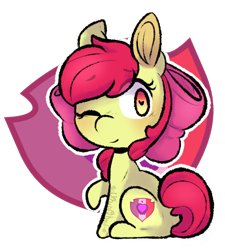 Size: 450x501 | Tagged: safe, artist:urbanqhoul, apple bloom, earth pony, pony, adorabloom, apple bloom's bow, bow, cute, cutie mark background, eye clipping through hair, eyebrows visible through hair, female, filly, gradient eyes, hair bow, heart eyes, one eye closed, sitting, solo, wingding eyes