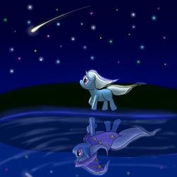 Size: 4096x4096 | Tagged: safe, artist:13era, derpibooru import, trixie, pony, unicorn, absurd resolution, cape, clothes, female, mare, night, reflection, shooting star, solo, water