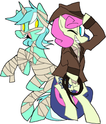 Size: 994x1168 | Tagged: safe, artist:ghost, bon bon, lyra heartstrings, sweetie drops, pony, bipedal, clothes, costume, female, hat, indiana jones, lesbian, lyrabon, mummy, shipping, whip