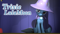 Size: 1920x1080 | Tagged: safe, artist:cwillis13, derpibooru import, trixie, pony, unicorn, 3d, female, mare, sitting, solo, source filmmaker, spotlight, trixie's cape, trixie's hat