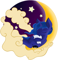 Size: 2000x2079 | Tagged: safe, artist:zzvinniezz, princess luna, alicorn, pony, rabbit, cloud, cloudy, crescent moon, eyes closed, filly, moon, on back, pillow, sleeping, solo, stars, tangible heavenly object, woona