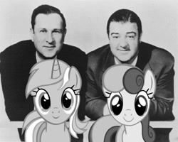 Size: 900x719 | Tagged: safe, bon bon, lyra heartstrings, sweetie drops, human, pony, abbott and costello, black and white, grayscale, irl, irl human, photo