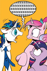 Size: 365x549 | Tagged: safe, idw, princess cadance, shining armor, twilight sparkle, alicorn, pony, unicorn, spoiler:comic, dumb and dumber, exploitable meme, meme, most annoying sound in the world, screaming armor, younger