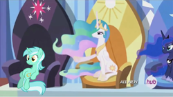 Size: 1022x575 | Tagged: safe, edit, edited screencap, screencap, lyra heartstrings, princess celestia, princess luna, alicorn, pony, equestria games (episode), equestria games, hub logo, needs more jpeg, sitting, sitting lyra, throne