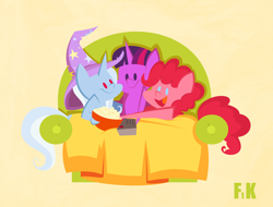 Size: 4900x3720 | Tagged: safe, artist:fluttershythekind, derpibooru import, pinkie pie, trixie, twilight sparkle, earth pony, pony, unicorn, blanket, female, food, mare, open mouth, pointy ponies, popcorn, remote control, smiling, sofa, trixie's hat, twixiepie