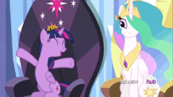 Size: 576x324 | Tagged: safe, screencap, princess celestia, twilight sparkle, twilight sparkle (alicorn), alicorn, pony, equestria games (episode), :o, adorkable, all new, animated, cheering, cute, dork, equestria games, eye contact, female, grin, hair over one eye, hub logo, hubble, mare, new crown, nodding, raised hoof, sitting, smiling, squee, the hub, throne, twiabetes, wide eyes