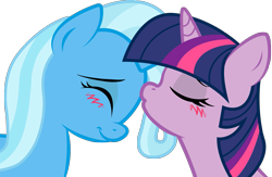 Size: 2231x1455 | Tagged: safe, artist:kennyklent, derpibooru import, trixie, twilight sparkle, pony, unicorn, blushing, female, kissing, lesbian, mare, shipping, simple background, transparent background, twixie