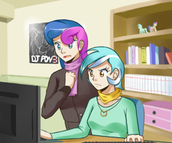 Size: 960x800 | Tagged: safe, artist:sallymon, bon bon, lyra heartstrings, sweetie drops, bon bon is not amused, computer, female, humanized, lesbian, lyra is not amused, lyrabon, shipping