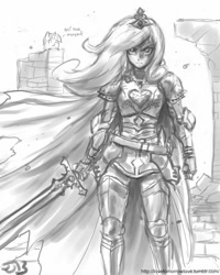 Size: 680x850 | Tagged: safe, artist:johnjoseco, princess cadance, twilight sparkle, human, armor, badass, blob, grayscale, humanized, monochrome, sword, weapon