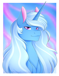 Size: 2300x2950 | Tagged: safe, artist:samandriilrf, derpibooru import, trixie, pony, unicorn, bust, colored pupils, female, lidded eyes, looking at you, mare, smiling, solo