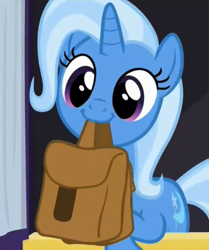 Size: 583x697 | Tagged: safe, derpibooru import, screencap, trixie, pony, unicorn, to saddlebags and back again, to where and back again, :3, cropped, cute, diatrixes, female, leaning, mare, mouth hold, nom, saddle bag, smiling, solo