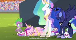 Size: 1534x811 | Tagged: safe, screencap, princess cadance, princess celestia, princess luna, spike, alicorn, dragon, pony, equestria games (episode), equestria games, female, hub logo, male, meme, shipping, spike gets all the mares, spikedance, spikelestia, spilulestia, spiluna, straight, youtube caption