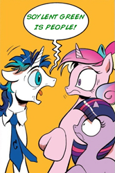 Size: 365x549 | Tagged: safe, idw, princess cadance, shining armor, twilight sparkle, alicorn, pony, unicorn, spoiler:comic, cannibal, cannibalism, exploitable meme, meme, screaming armor, soylent green