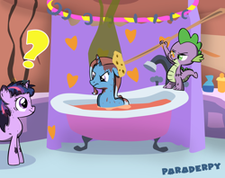 Size: 2650x2100 | Tagged: safe, artist:slitherpon, derpibooru import, spike, trixie, twilight sparkle, dragon, bath, bathtub, claw foot bathtub, clothespin, fanfic art, getting back on your hooves, high res, skunk spray, smell, tomato juice, visible stench