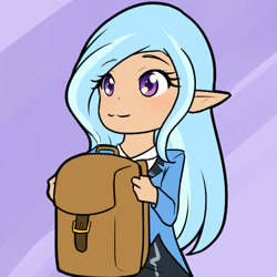 Size: 500x500 | Tagged: safe, artist:jonfawkes, derpibooru import, trixie, human, to saddlebags and back again, to where and back again, :3, backpack, chibi, clothes, cute, diatrixes, elf ears, humanized, solo, unicorns as elves