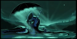 Size: 1247x641 | Tagged: safe, artist:auroriia, princess luna, alicorn, duck, pony, moon, moonlight, smiling, solo, swimming, umbrella, water