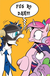 Size: 365x549 | Tagged: safe, princess cadance, shining armor, twilight sparkle, alicorn, pony, unicorn, spoiler:comic, exploitable meme, fus-ro-dah, meme, screaming armor, skyrim, the elder scrolls