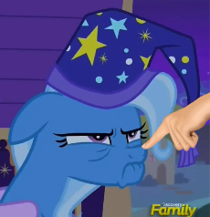 Size: 230x238 | Tagged: safe, derpibooru import, edit, edited screencap, screencap, trixie, pony, unicorn, to where and back again, boop, boop edit, cropped, discovery family logo, female, finger, grumpy, hand, hat, mare, nightcap, solo