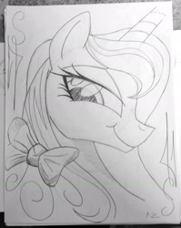 Size: 1280x1610 | Tagged: safe, artist:uminanimu, princess luna, alicorn, pony, bow, lunadoodle, monochrome, portrait, smiling, solo, traditional art