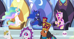 Size: 1920x1016 | Tagged: safe, screencap, duchess of maretonia, duke of maretonia, ice mirror, neighbuchadnezzar, prince blueblood, princess cadance, princess celestia, princess luna, alicorn, pony, equestria games (episode), alicorn thrones, equestria games, hub logo, sitting, throne