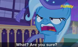 Size: 714x438 | Tagged: safe, derpibooru import, screencap, trixie, pony, to where and back again, discovery family logo, faic, female, mare, mid-blink screencap, solo