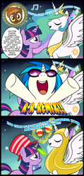 Size: 712x1500 | Tagged: safe, artist:madmax, button mash, dj pon-3, princess celestia, twilight sparkle, vinyl scratch, alicorn, pony, unicorn, magical mystery cure, banana suit, bananalestia, breaking the fourth wall, comic, easter, easter egg, glowstick, hat, konami code, maracas, music notes, musical instrument, princess celestia's special princess making dimension, singing, video game, wat