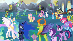 Size: 1920x1080 | Tagged: safe, derpibooru import, screencap, applejack, cornicle, discord, fluttershy, pinkie pie, princess cadance, princess celestia, princess flurry heart, princess luna, rainbow dash, rarity, shining armor, spike, starlight glimmer, thorax, trixie, twilight sparkle, twilight sparkle (alicorn), alicorn, changedling, changeling, draconequus, dragon, earth pony, pegasus, pony, unicorn, to where and back again, baby, baby pony, changeling king, changeling slime, cocoon, ethereal mane, female, filly, foal, king thorax, male, mane six, mare, smiling