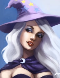Size: 638x825 | Tagged: safe, artist:majoh, derpibooru import, trixie, human, breasts, brooch, bust, cleavage, clothes, eyeshadow, female, hat, humanized, makeup, solo, trixie's hat