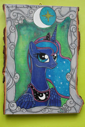 Size: 800x1200 | Tagged: safe, artist:diamondwolfart, princess luna, alicorn, pony, portrait, solo, traditional art, wood