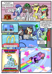 Size: 868x1228 | Tagged: safe, artist:madmax, derpibooru import, rainbow dash, trixie, oc, oc:madmax, oc:manny mustaches, oc:sarge sprinkles, oc:squeak, earth pony, pegasus, pony, unicorn, always, artifact, comic, cutie mark, drive thru, erasure, female, glasses, happy meal, helmet, male, mare, mcdonald's, milestone celebration, moustache, pacce, pacce of many mustaches, pipe, ponysona, red nose, robot unicorn attack, sethisto, song reference, stallion, sunglasses, toy, van