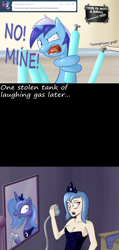 Size: 1000x2100 | Tagged: safe, artist:dazko, minuette, princess luna, human, addiction, ask, ask doctor colgate, humanized, laughing gas, mirror, tumblr