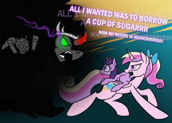 Size: 500x358 | Tagged: safe, artist:wiggles, king sombra, princess cadance, twilight sparkle, oc, alicorn, pony, umbrum, unicorn, ask, ask king sombra, blank flank, bow, cup of sugar, filly, ponytail, tumblr, younger