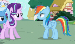 Size: 856x500 | Tagged: safe, derpibooru import, screencap, rainbow dash, starlight glimmer, trixie, changeling, pegasus, pony, unicorn, to where and back again, animated, disguise, disguised changeling, fake rainbow dash, female, gif, mare, tail flick