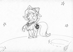 Size: 2309x1647 | Tagged: safe, artist:egophiliac, princess luna, alicorn, pony, cartographer's cap, filly, hat, monochrome, moon, moonstuck, raised hoof, sketch, smiling, solo, traditional art, woona