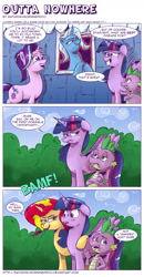 Size: 956x1837 | Tagged: safe, artist:saturdaymorningproj, derpibooru import, spike, starlight glimmer, sunset shimmer, trixie, twilight sparkle, twilight sparkle (alicorn), alicorn, dragon, pony, unicorn, to where and back again, annoyed, bamf, blushing, comic, crossed arms, dialogue, female, floppy ears, frown, grin, hug, leaning, lesbian, lidded eyes, mare, open mouth, shipping, smiling, smirk, smug, sunsetsparkle, teleportation, twilight's counterparts, wide eyes