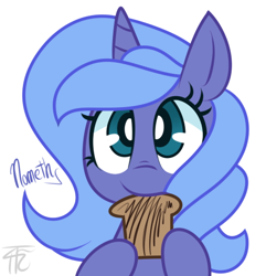 Size: 484x502 | Tagged: safe, artist:php92, princess luna, alicorn, pony, cute, eating, filly, lunabetes, nom, simple background, solo, toast, woona, ye olde english