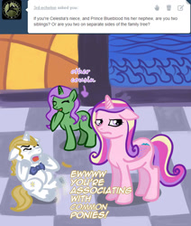 Size: 1000x1178 | Tagged: safe, artist:kuromi, prince blueblood, princess cadance, oc, alicorn, pony, ask, cadance is not amused, floppy ears, laughing, tantrum, teen princess cadance, tumblr, unamused, younger