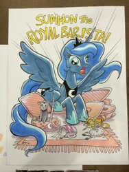 Size: 600x800 | Tagged: safe, artist:tonyfleecs, princess luna, tiberius, alicorn, pony, alarm clock, coffee mug, majestic as fuck, pillow, traditional art, traditional royal canterlot voice