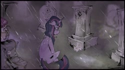 Size: 1920x1080 | Tagged: safe, artist:urbanqhoul, sunset shimmer, twilight sparkle, unicorn twilight, pony, unicorn, grave, gravestone, rain, sad, tombstones