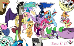 Size: 1224x768 | Tagged: safe, artist:sanyo2100, derpibooru import, apple bloom, applejack, bon bon, discord, dj pon-3, doctor whooves, fluttershy, lyra heartstrings, octavia melody, pinkie pie, princess celestia, princess luna, rainbow dash, rarity, scootaloo, spike, sweetie belle, sweetie drops, twilight sparkle, twilight sparkle (alicorn), vinyl scratch, oc, oc:diane p pie, alicorn, dragon, earth pony, pegasus, pony, unicorn, :p, clothes, cutie mark crusaders, discoshy, female, glasses, grin, guitar, happy, male, mane seven, mane six, mare, pinkamena diane pie, scratching, shipping, sick, slime, sparity, straight, tattoo, wink