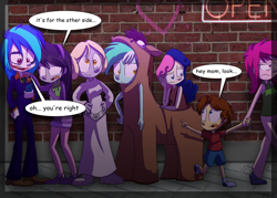 Size: 1400x1000 | Tagged: safe, artist:fj-c, berry punch, berryshine, bon bon, derpy hooves, dj pon-3, lyra heartstrings, octavia melody, sweetie drops, vinyl scratch, horse, equestria girls, bon bon is not amused, clothes, cosplay, costume, daphne blake, princess leia, scooby doo, star wars, the joker